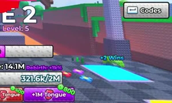 The Codes button on the right side of the +1 Tongue Escape screen, next to a +2 Wins pad